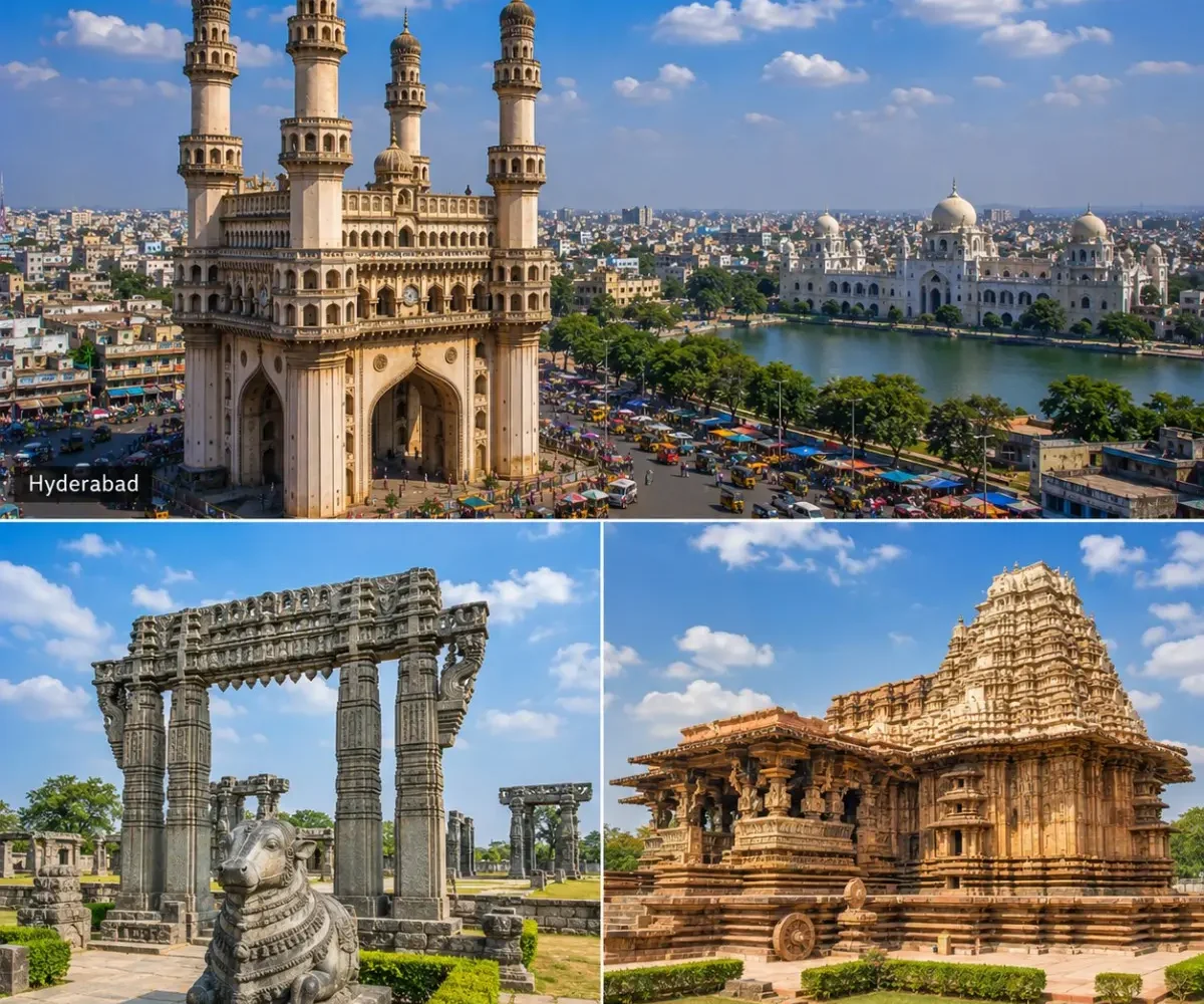 Hyderabad Warangal Ramappa Tour Package featuring Charminar, Warangal Fort, Ramappa Temple, Thousand Pillar Temple and Bhadrakali Lake.