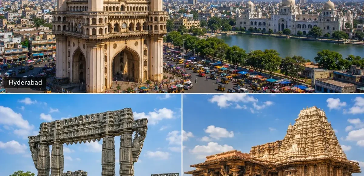 Hyderabad Warangal Ramappa Tour Package featuring Charminar, Warangal Fort, Ramappa Temple, Thousand Pillar Temple and Bhadrakali Lake.