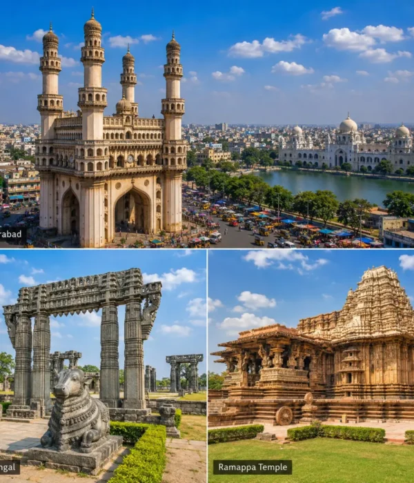 Hyderabad Warangal Ramappa Tour Package featuring Charminar, Warangal Fort, Ramappa Temple, Thousand Pillar Temple and Bhadrakali Lake.