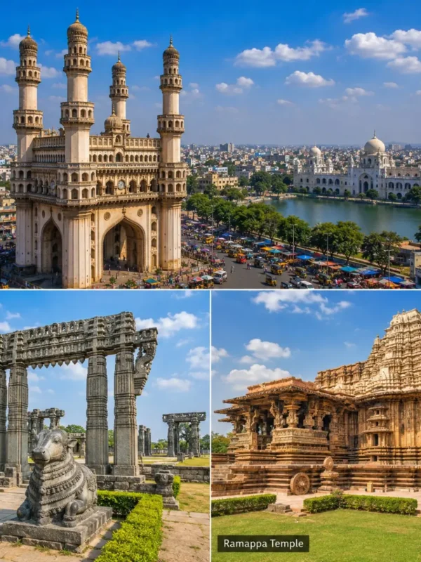 Hyderabad Warangal Ramappa Tour Package featuring Charminar, Warangal Fort, Ramappa Temple, Thousand Pillar Temple and Bhadrakali Lake.