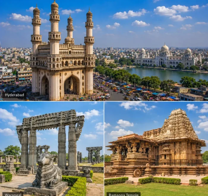 Hyderabad Warangal Ramappa Tour Package featuring Charminar, Warangal Fort, Ramappa Temple, Thousand Pillar Temple and Bhadrakali Lake.