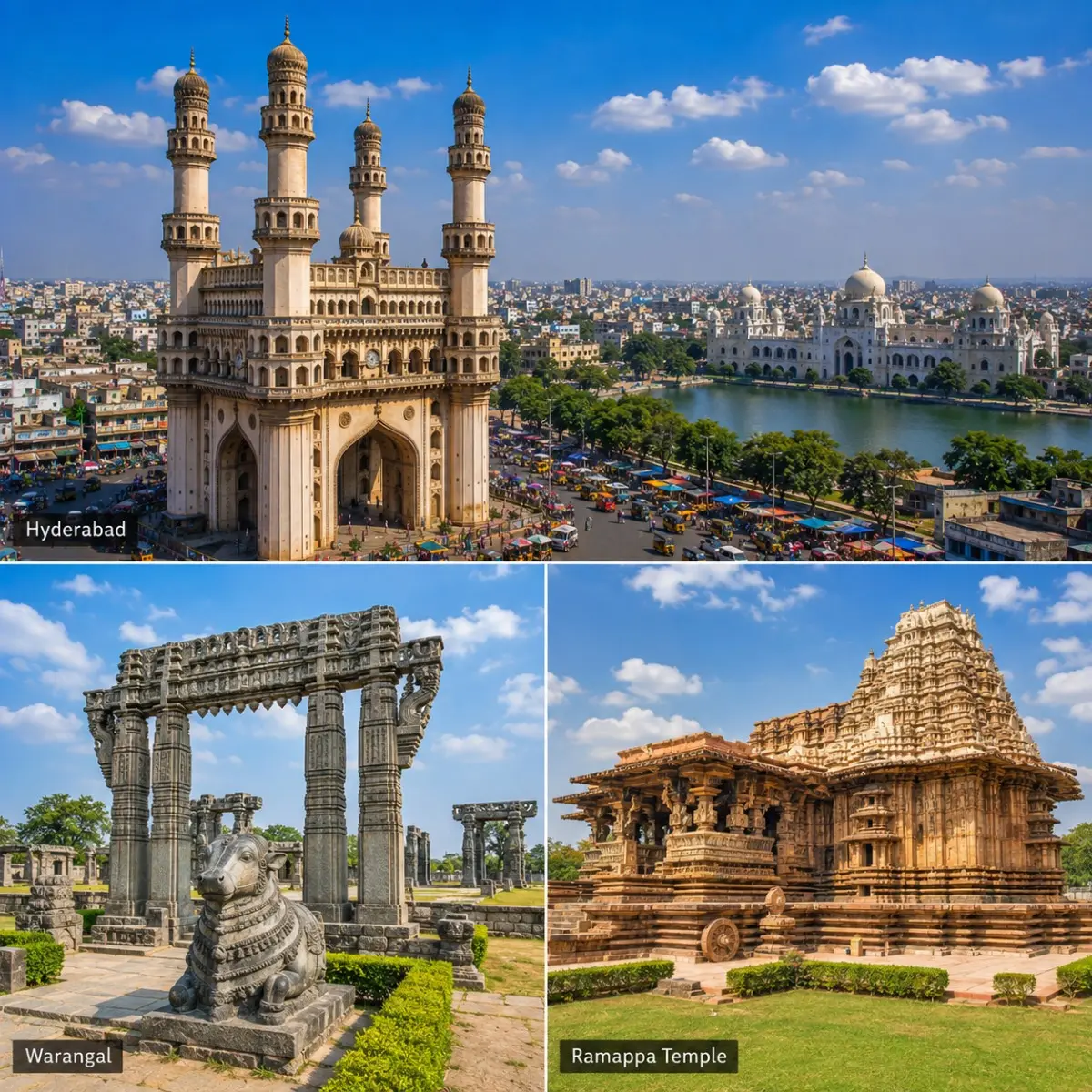 Hyderabad Warangal Ramappa Tour Package featuring Charminar, Warangal Fort, Ramappa Temple, Thousand Pillar Temple and Bhadrakali Lake.