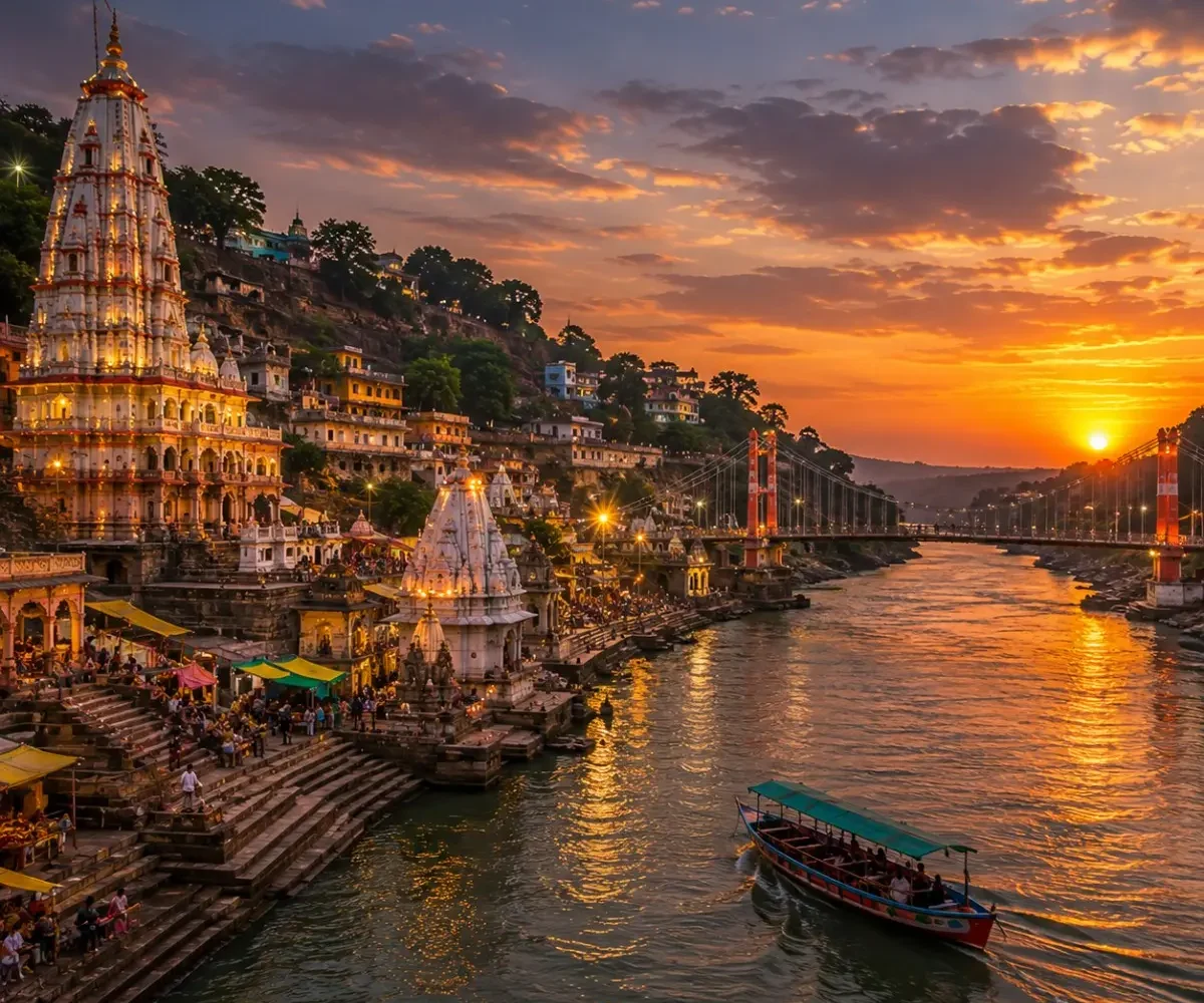 Indore Ujjain Omkareshwar Tour Package featuring Mahakaleshwar Jyotirlinga, Omkareshwar Temple, Rajwada Palace, Lal Bagh Palace and Ram Ghat.