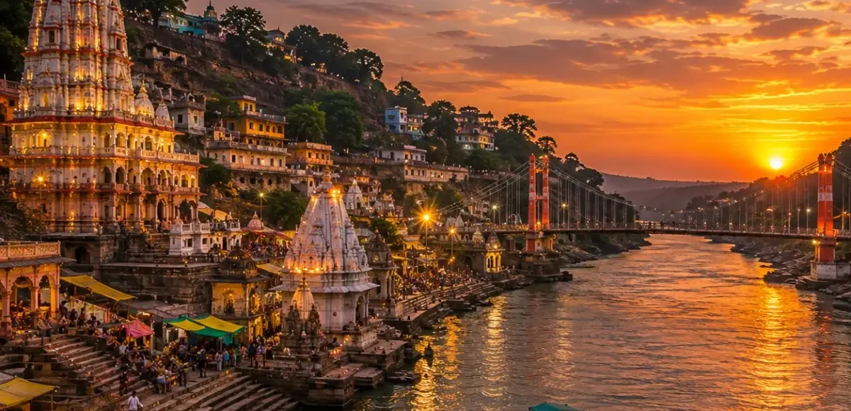 Indore Ujjain Omkareshwar Tour Package featuring Mahakaleshwar Jyotirlinga, Omkareshwar Temple, Rajwada Palace, Lal Bagh Palace and Ram Ghat.