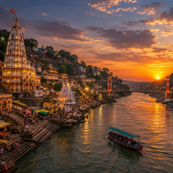 Indore Ujjain Omkareshwar Tour Package featuring Mahakaleshwar Jyotirlinga, Omkareshwar Temple, Rajwada Palace, Lal Bagh Palace and Ram Ghat.