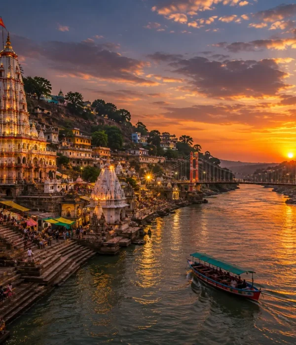 Indore Ujjain Omkareshwar Tour Package featuring Mahakaleshwar Jyotirlinga, Omkareshwar Temple, Rajwada Palace, Lal Bagh Palace and Ram Ghat.