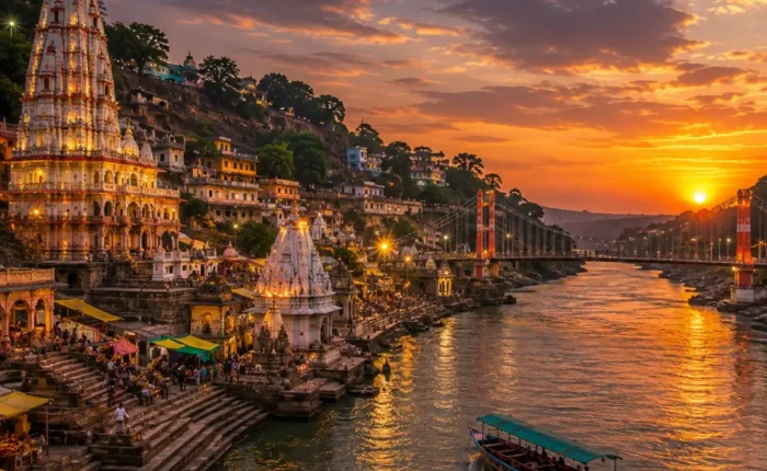 Indore Ujjain Omkareshwar Tour Package featuring Mahakaleshwar Jyotirlinga, Omkareshwar Temple, Rajwada Palace, Lal Bagh Palace and Ram Ghat.
