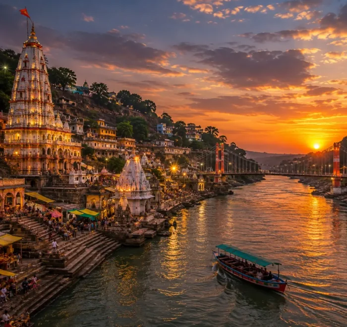 Indore Ujjain Omkareshwar Tour Package featuring Mahakaleshwar Jyotirlinga, Omkareshwar Temple, Rajwada Palace, Lal Bagh Palace and Ram Ghat.