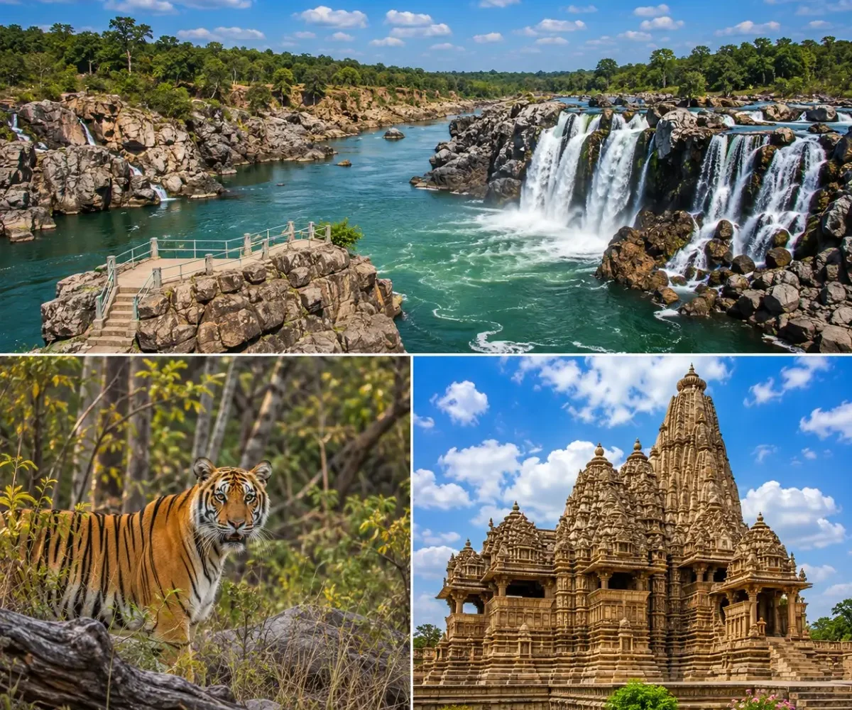 Jabalpur Bandhavgarh Khajuraho Tour Package featuring Marble Rocks, Dhuandhar Falls, Bandhavgarh National Park, Bengal Tiger and Khajuraho Temples.