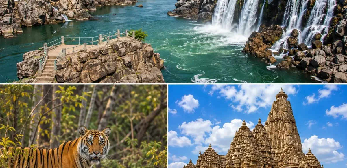 Jabalpur Bandhavgarh Khajuraho Tour Package featuring Marble Rocks, Dhuandhar Falls, Bandhavgarh National Park, Bengal Tiger and Khajuraho Temples.
