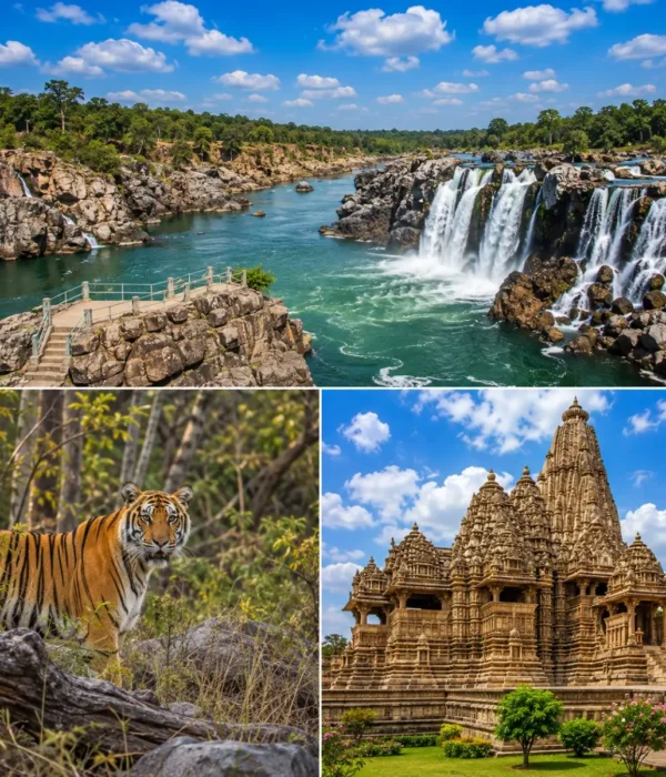Jabalpur Bandhavgarh Khajuraho Tour Package featuring Marble Rocks, Dhuandhar Falls, Bandhavgarh National Park, Bengal Tiger and Khajuraho Temples.