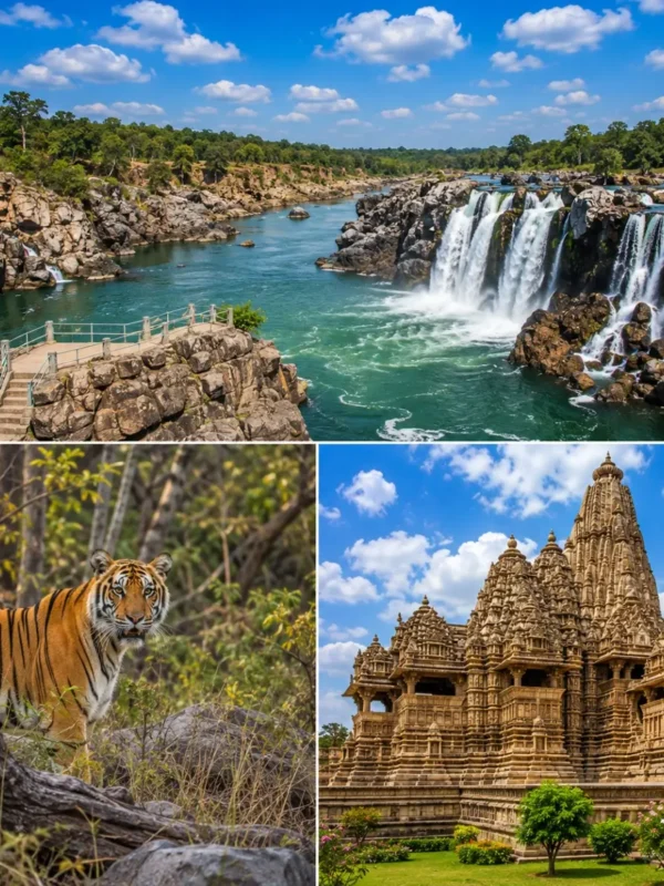 Jabalpur Bandhavgarh Khajuraho Tour Package featuring Marble Rocks, Dhuandhar Falls, Bandhavgarh National Park, Bengal Tiger and Khajuraho Temples.