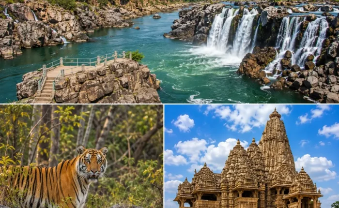 Jabalpur Bandhavgarh Khajuraho Tour Package featuring Marble Rocks, Dhuandhar Falls, Bandhavgarh National Park, Bengal Tiger and Khajuraho Temples.