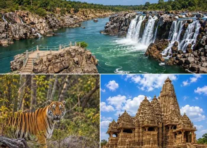 Jabalpur Bandhavgarh Khajuraho Tour Package featuring Marble Rocks, Dhuandhar Falls, Bandhavgarh National Park, Bengal Tiger and Khajuraho Temples.