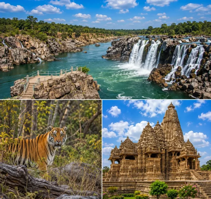 Jabalpur Bandhavgarh Khajuraho Tour Package featuring Marble Rocks, Dhuandhar Falls, Bandhavgarh National Park, Bengal Tiger and Khajuraho Temples.