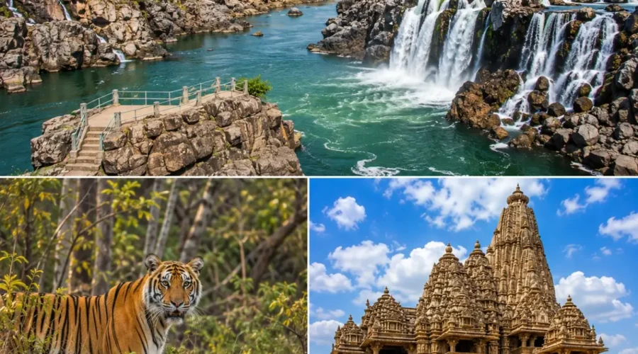 Jabalpur Bandhavgarh Khajuraho Tour Package featuring Marble Rocks, Dhuandhar Falls, Bandhavgarh National Park, Bengal Tiger and Khajuraho Temples.