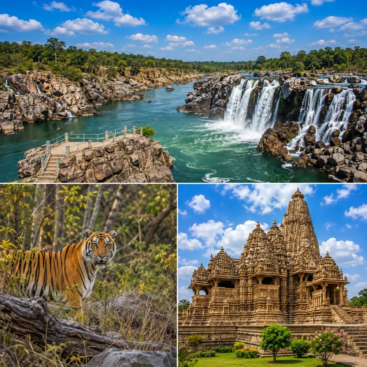 Jabalpur Bandhavgarh Khajuraho Tour Package featuring Marble Rocks, Dhuandhar Falls, Bandhavgarh National Park, Bengal Tiger and Khajuraho Temples.
