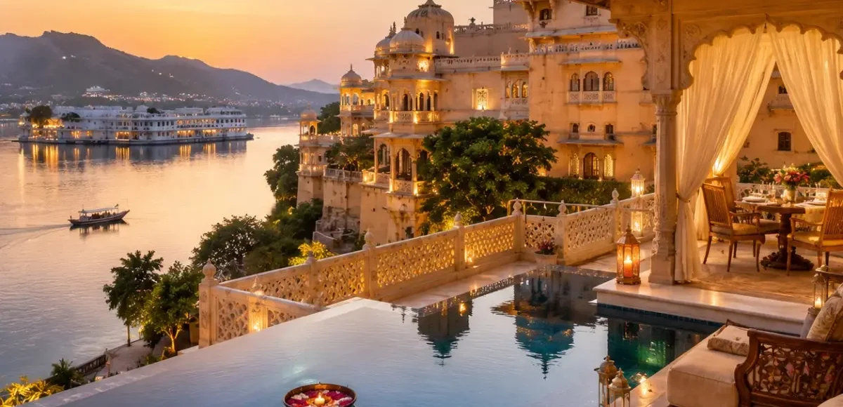 Jaipur Jodhpur Udaipur Palace Tour Package featuring Amber Fort, Mehrangarh Fort, City Palace Udaipur, Lake Pichola and heritage palace hotels.