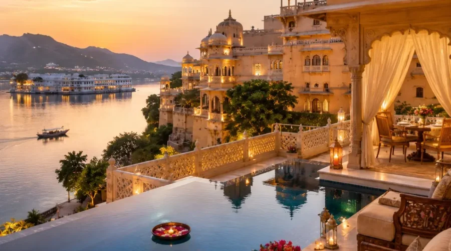 Jaipur Jodhpur Udaipur Palace Tour Package featuring Amber Fort, Mehrangarh Fort, City Palace Udaipur, Lake Pichola and heritage palace hotels.