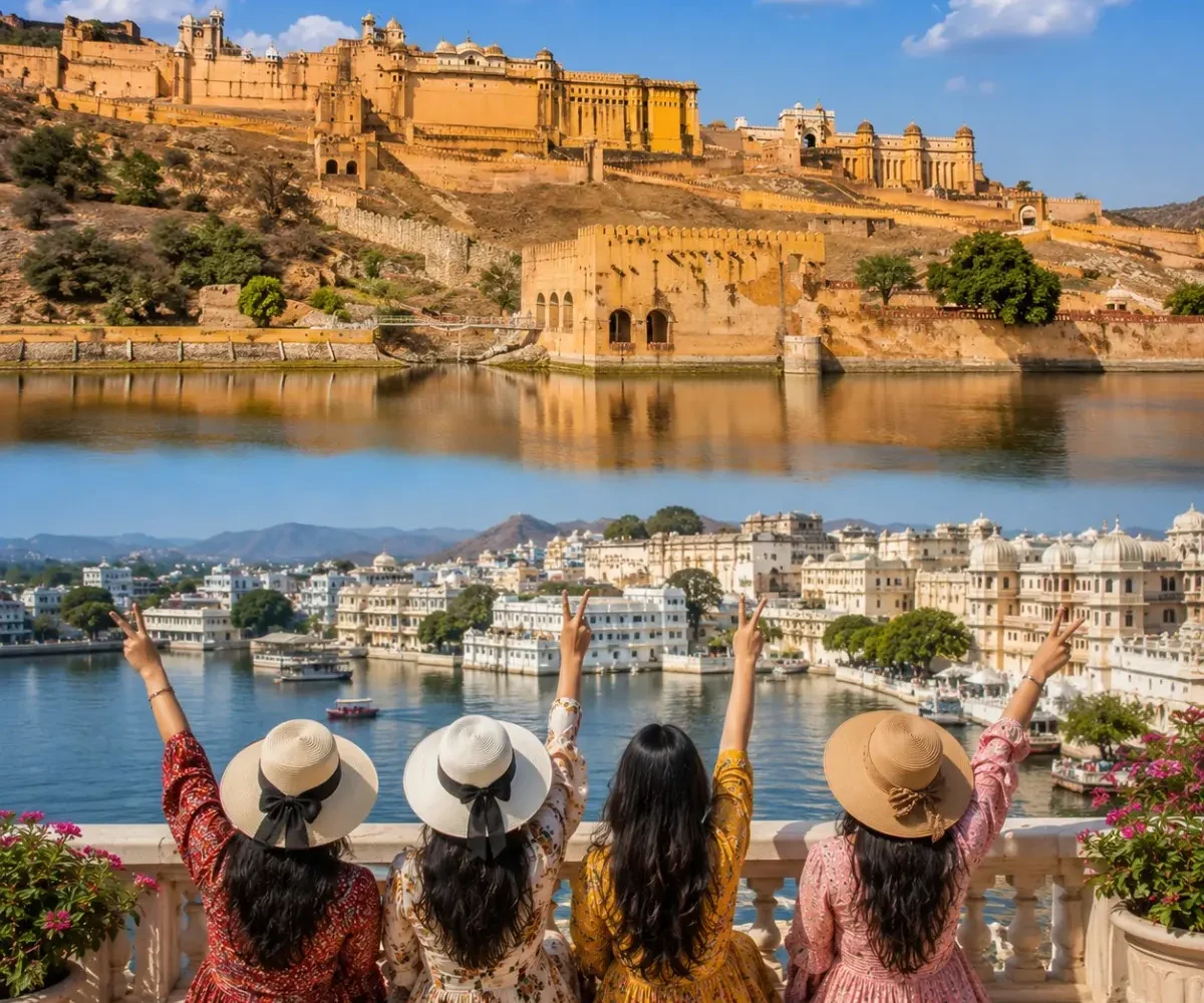 Jaipur Udaipur Women Special Tour Package featuring Hawa Mahal, City Palace, Amber Fort, Lake Pichola, Jag Mandir and Rajasthan's royal heritage.