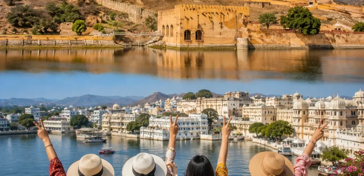 Jaipur Udaipur Women Special Tour Package featuring Hawa Mahal, City Palace, Amber Fort, Lake Pichola, Jag Mandir and Rajasthan's royal heritage.
