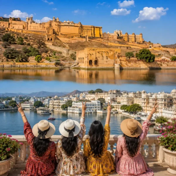 Jaipur Udaipur Women Special Tour Package featuring Hawa Mahal, City Palace, Amber Fort, Lake Pichola, Jag Mandir and Rajasthan's royal heritage.