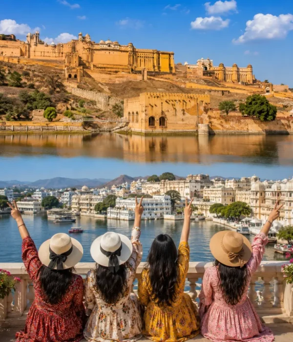 Jaipur Udaipur Women Special Tour Package featuring Hawa Mahal, City Palace, Amber Fort, Lake Pichola, Jag Mandir and Rajasthan's royal heritage.