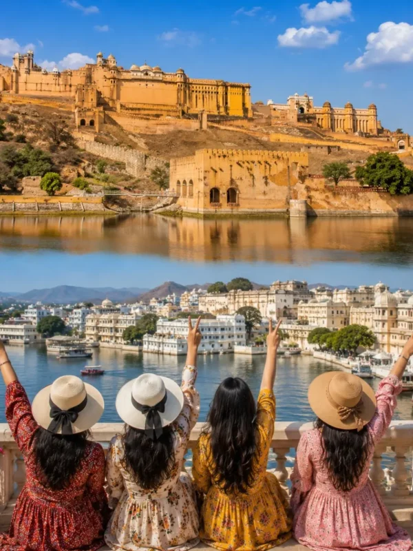 Jaipur Udaipur Women Special Tour Package featuring Hawa Mahal, City Palace, Amber Fort, Lake Pichola, Jag Mandir and Rajasthan's royal heritage.
