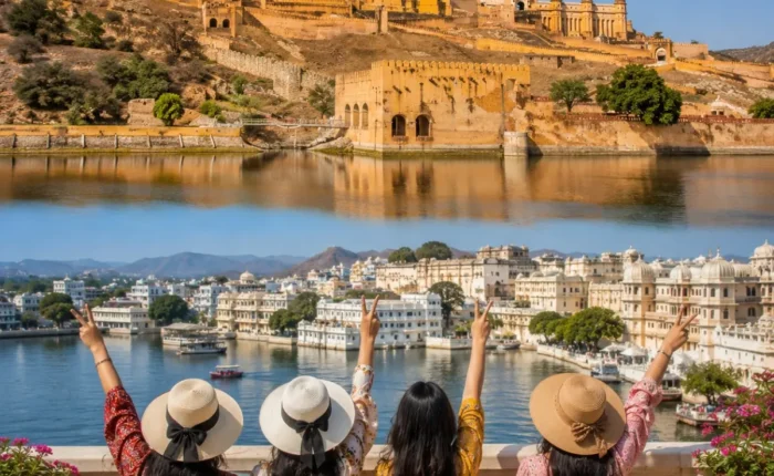 Jaipur Udaipur Women Special Tour Package featuring Hawa Mahal, City Palace, Amber Fort, Lake Pichola, Jag Mandir and Rajasthan's royal heritage.