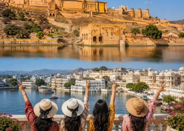Jaipur Udaipur Women Special Tour Package featuring Hawa Mahal, City Palace, Amber Fort, Lake Pichola, Jag Mandir and Rajasthan's royal heritage.