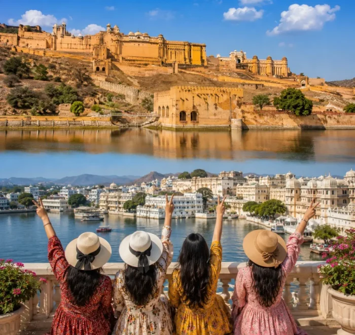 Jaipur Udaipur Women Special Tour Package featuring Hawa Mahal, City Palace, Amber Fort, Lake Pichola, Jag Mandir and Rajasthan's royal heritage.