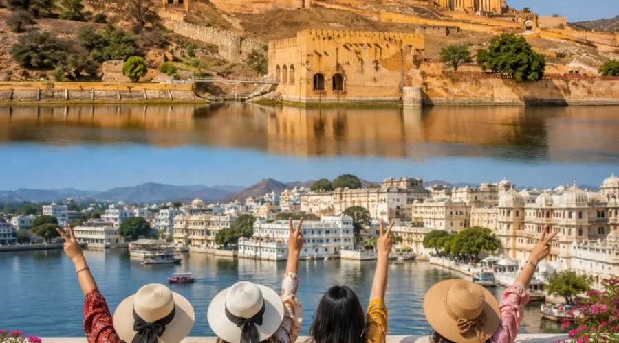Jaipur Udaipur Women Special Tour Package featuring Hawa Mahal, City Palace, Amber Fort, Lake Pichola, Jag Mandir and Rajasthan's royal heritage.