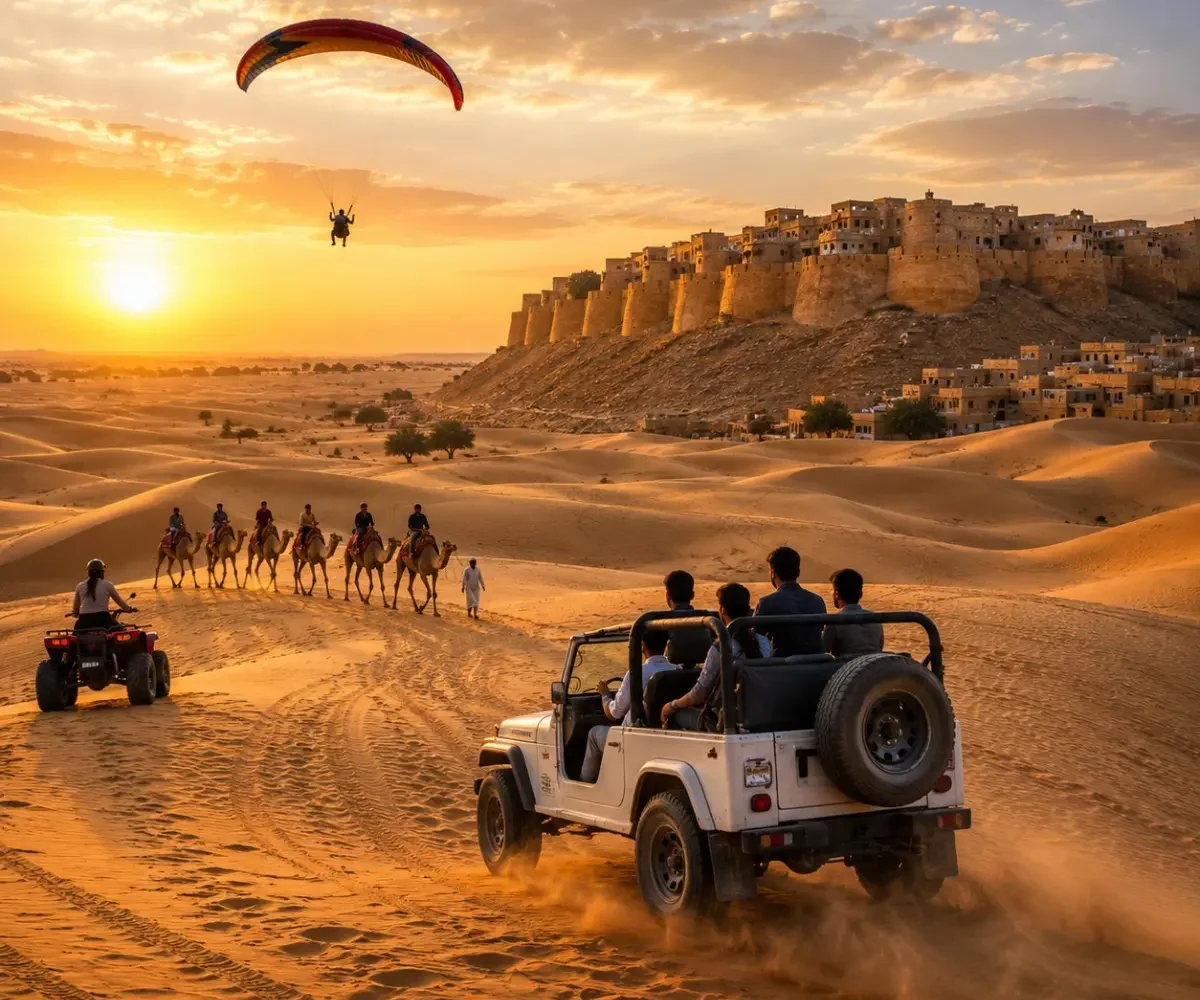 Jaisalmer Desert Adventure Tour Package featuring Sam Sand Dunes, camel safari, jeep safari, desert camping, cultural performances and Golden Fort.