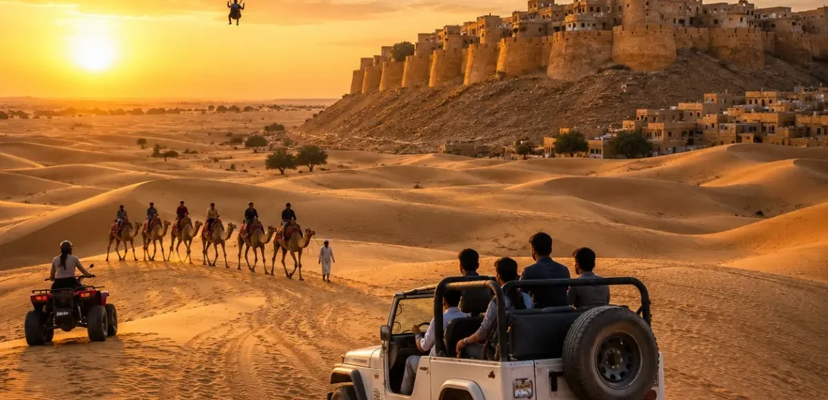 Jaisalmer Desert Adventure Tour Package featuring Sam Sand Dunes, camel safari, jeep safari, desert camping, cultural performances and Golden Fort.