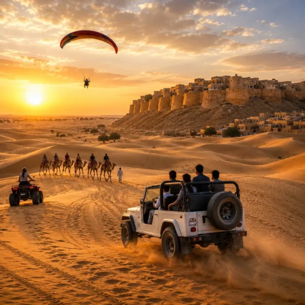 Jaisalmer Desert Adventure Tour Package featuring Sam Sand Dunes, camel safari, jeep safari, desert camping, cultural performances and Golden Fort.
