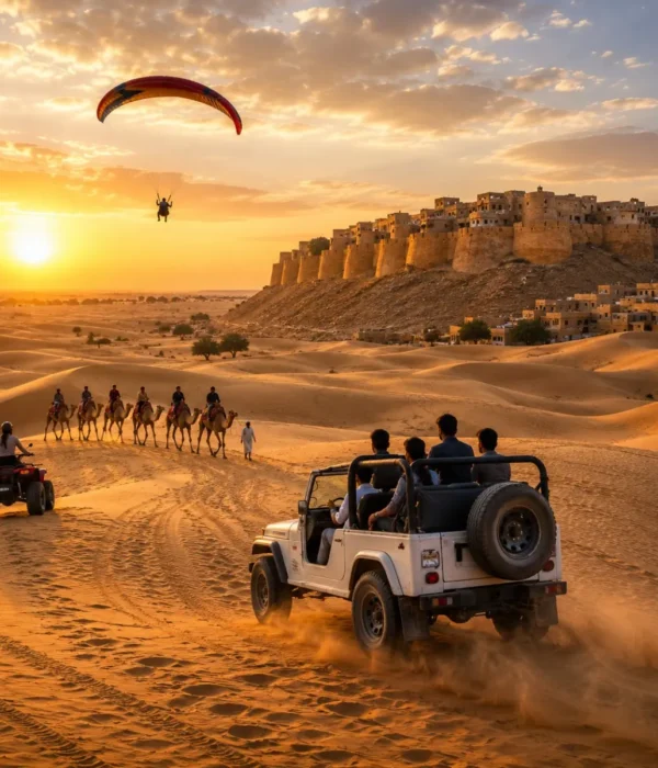 Jaisalmer Desert Adventure Tour Package featuring Sam Sand Dunes, camel safari, jeep safari, desert camping, cultural performances and Golden Fort.