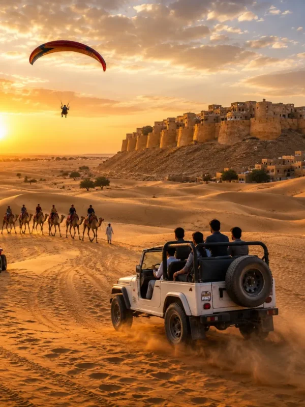 Jaisalmer Desert Adventure Tour Package featuring Sam Sand Dunes, camel safari, jeep safari, desert camping, cultural performances and Golden Fort.