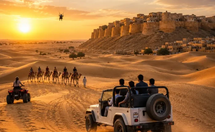 Jaisalmer Desert Adventure Tour Package featuring Sam Sand Dunes, camel safari, jeep safari, desert camping, cultural performances and Golden Fort.