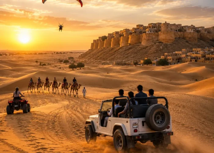 Jaisalmer Desert Adventure Tour Package featuring Sam Sand Dunes, camel safari, jeep safari, desert camping, cultural performances and Golden Fort.