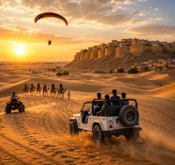 Jaisalmer Desert Adventure Tour Package featuring Sam Sand Dunes, camel safari, jeep safari, desert camping, cultural performances and Golden Fort.