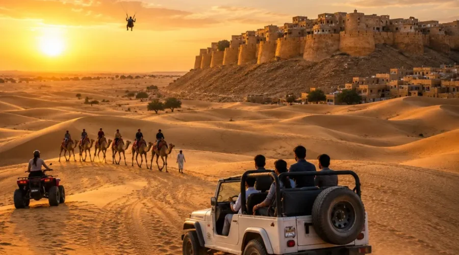 Jaisalmer Desert Adventure Tour Package featuring Sam Sand Dunes, camel safari, jeep safari, desert camping, cultural performances and Golden Fort.