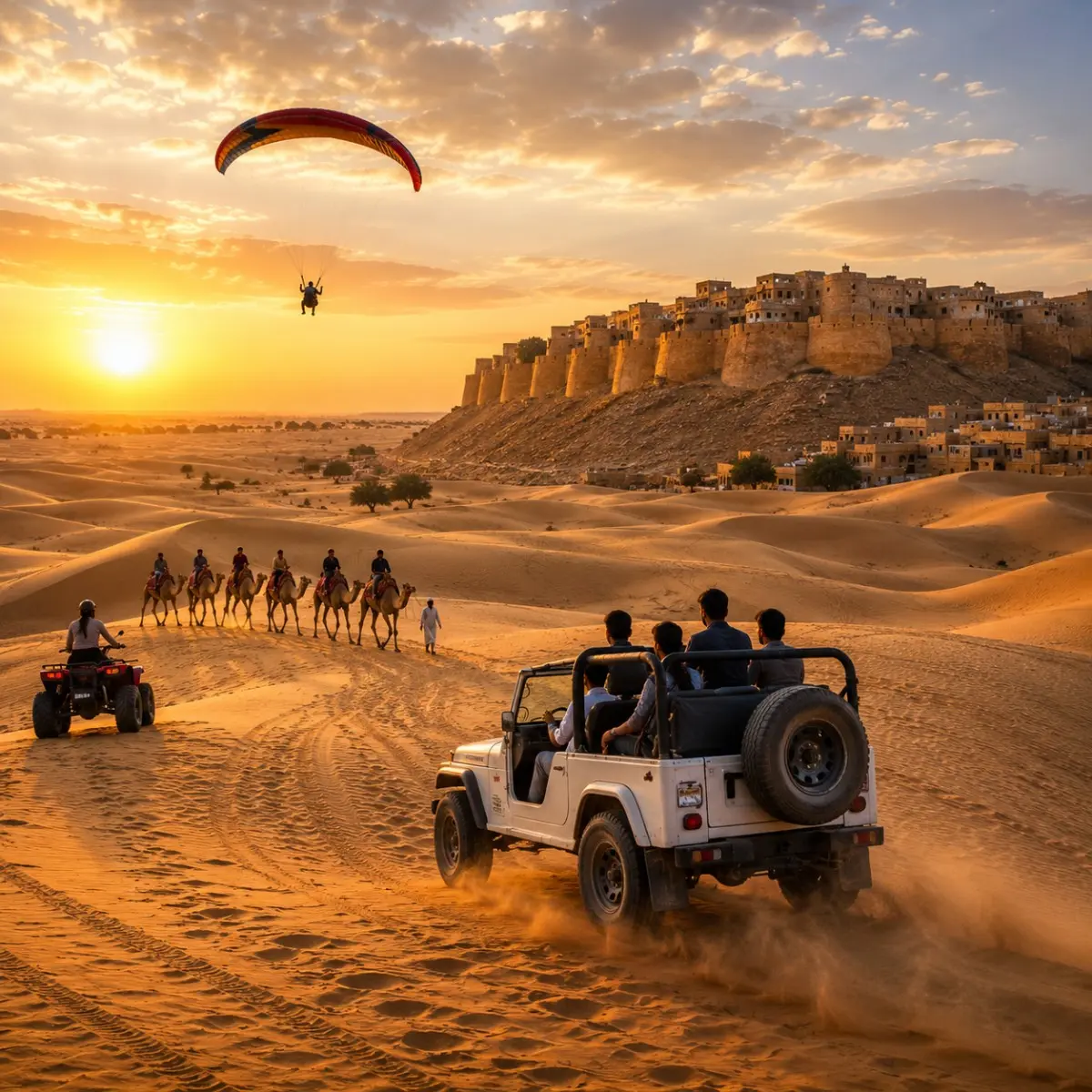 Jaisalmer Desert Adventure Tour Package featuring Sam Sand Dunes, camel safari, jeep safari, desert camping, cultural performances and Golden Fort.
