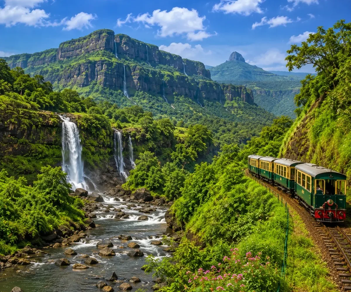 Karjat Matheran Tour Package featuring Charlotte Lake, Panorama Point, Matheran Toy Train, Karjat waterfalls and lush Sahyadri landscapes.