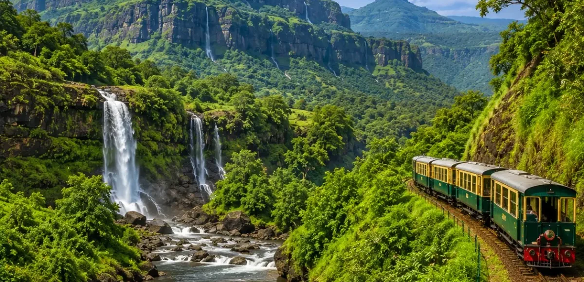 Karjat Matheran Tour Package featuring Charlotte Lake, Panorama Point, Matheran Toy Train, Karjat waterfalls and lush Sahyadri landscapes.