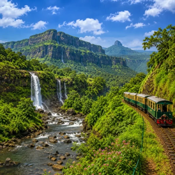 Karjat Matheran Tour Package featuring Charlotte Lake, Panorama Point, Matheran Toy Train, Karjat waterfalls and lush Sahyadri landscapes.