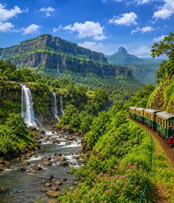 Karjat Matheran Tour Package featuring Charlotte Lake, Panorama Point, Matheran Toy Train, Karjat waterfalls and lush Sahyadri landscapes.