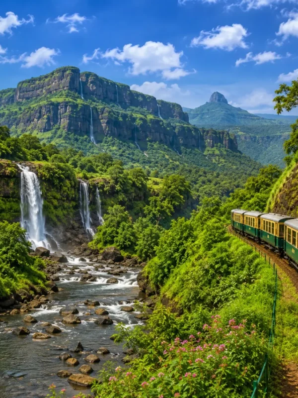 Karjat Matheran Tour Package featuring Charlotte Lake, Panorama Point, Matheran Toy Train, Karjat waterfalls and lush Sahyadri landscapes.