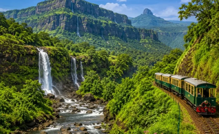 Karjat Matheran Tour Package featuring Charlotte Lake, Panorama Point, Matheran Toy Train, Karjat waterfalls and lush Sahyadri landscapes.