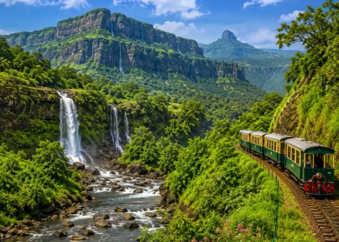 Karjat Matheran Tour Package featuring Charlotte Lake, Panorama Point, Matheran Toy Train, Karjat waterfalls and lush Sahyadri landscapes.