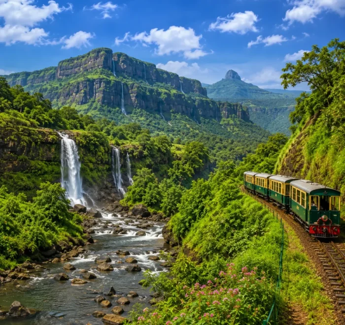 Karjat Matheran Tour Package featuring Charlotte Lake, Panorama Point, Matheran Toy Train, Karjat waterfalls and lush Sahyadri landscapes.